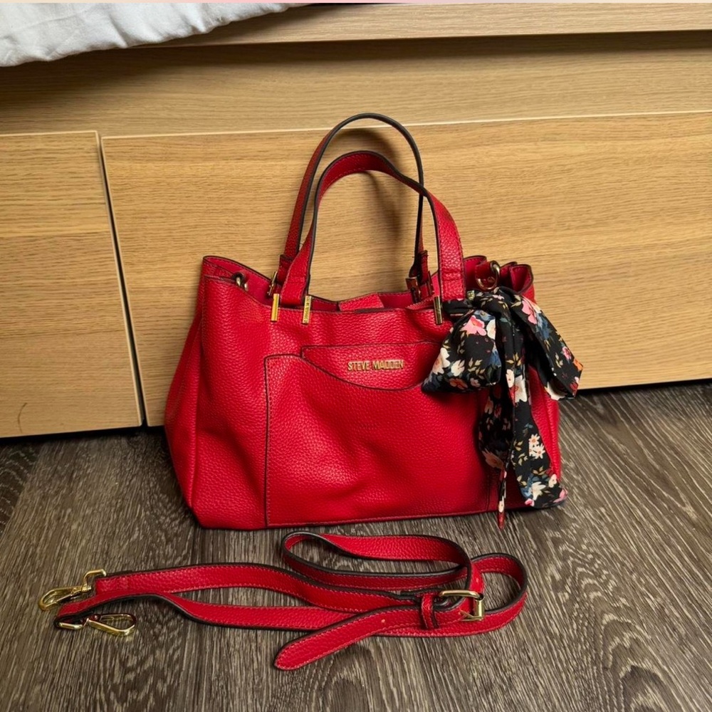 Steve Madden Cherry Red Bag with Floral Scarf (removable)